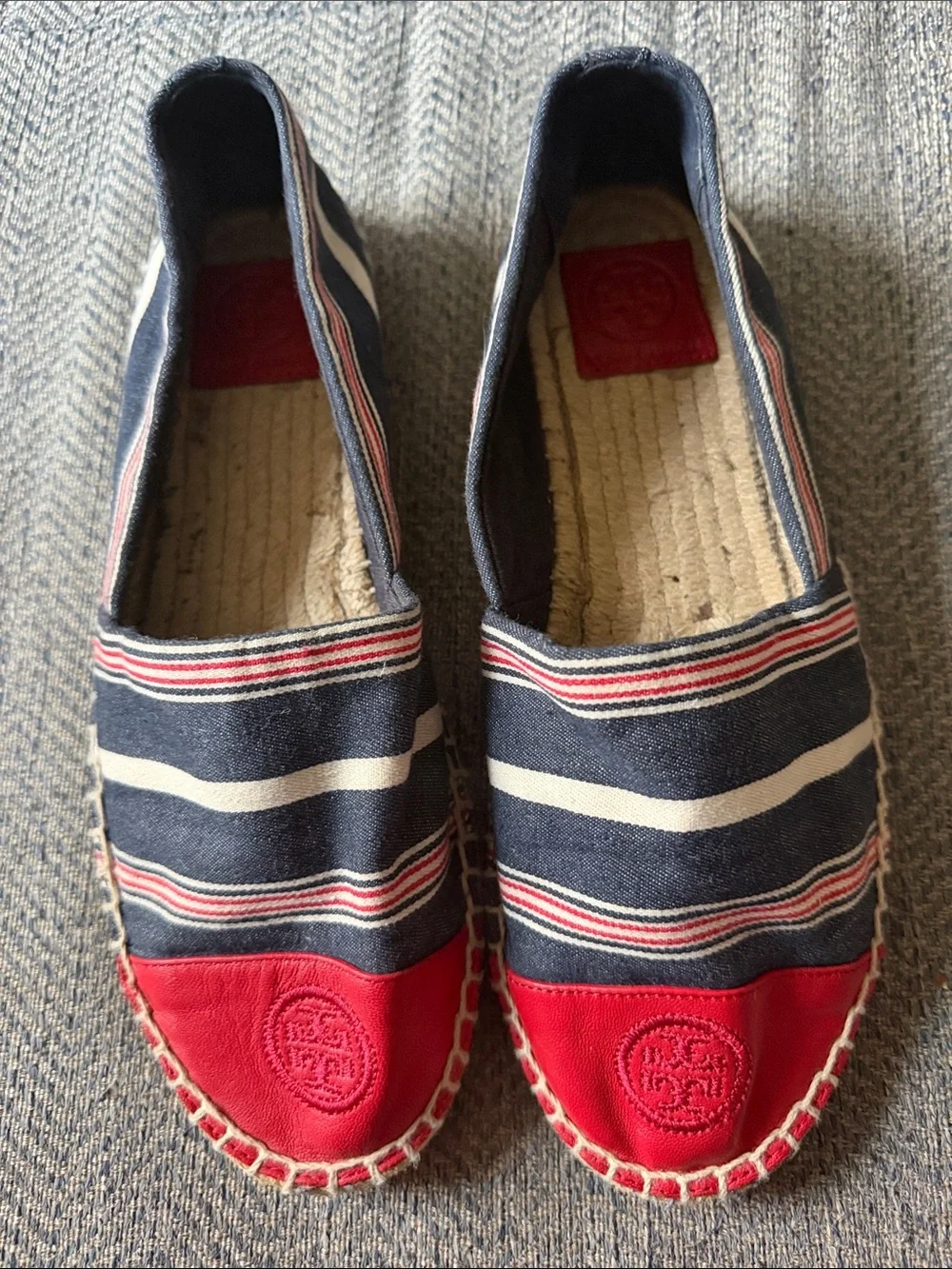 Tory Burch Red Blue White Stripe Cap Toe Colorblock Leather Espadrilles Size: 9
